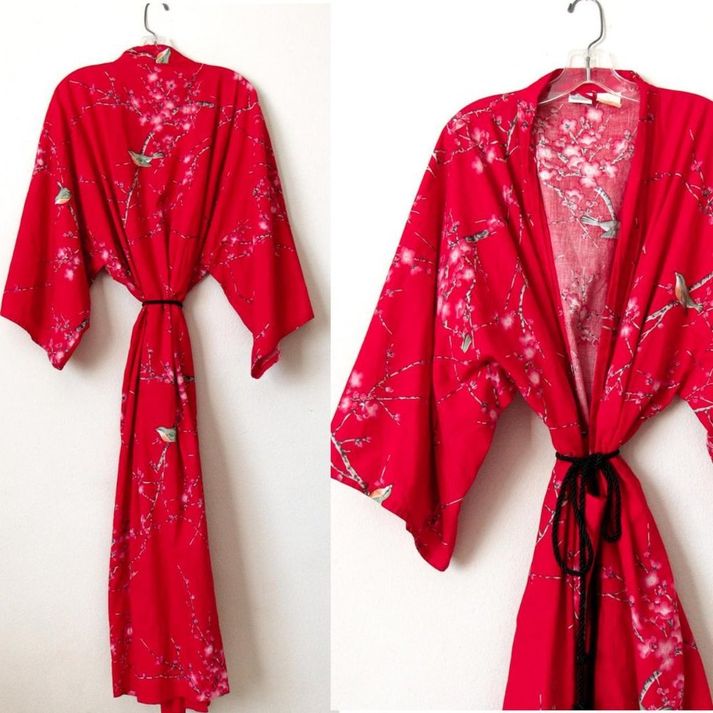 VINTAGE Red Floral Print Kimono Cotton Duster Jacket